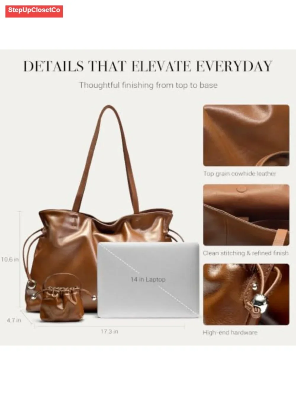 Top Grain Leather Slouchy Hobo Tote Bag for Women Large Shoulder Purse Fits 14